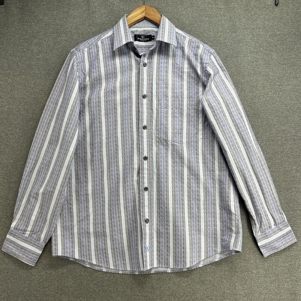Bugatchi Uomo Mens Medium Striped Long Sleeve Button Up Dress Shirt 100% Cotton